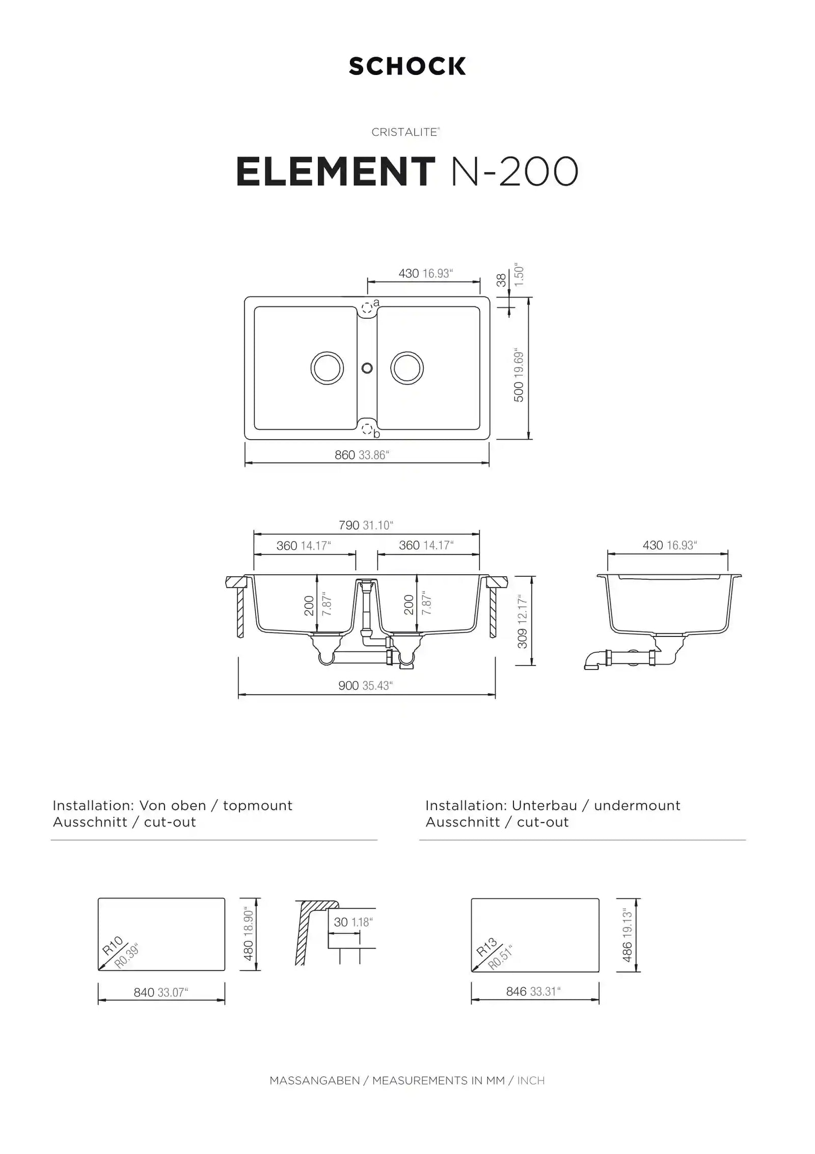 Element N-200 Kitchen Sink – Double Bowl | 90 cm Cabinet | Topmount/Undermount Installation - Safqqa Egypt