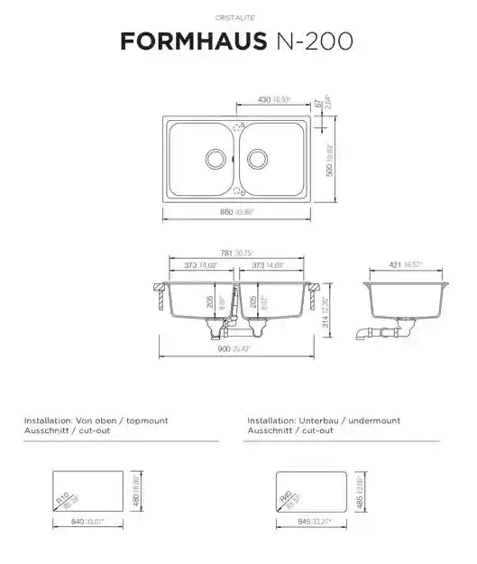 Formhaus N-200 Kitchen Sink – Double Bowl | 90 cm Cabinet | Topmount/Undermount Installation - Safqqa Egypt