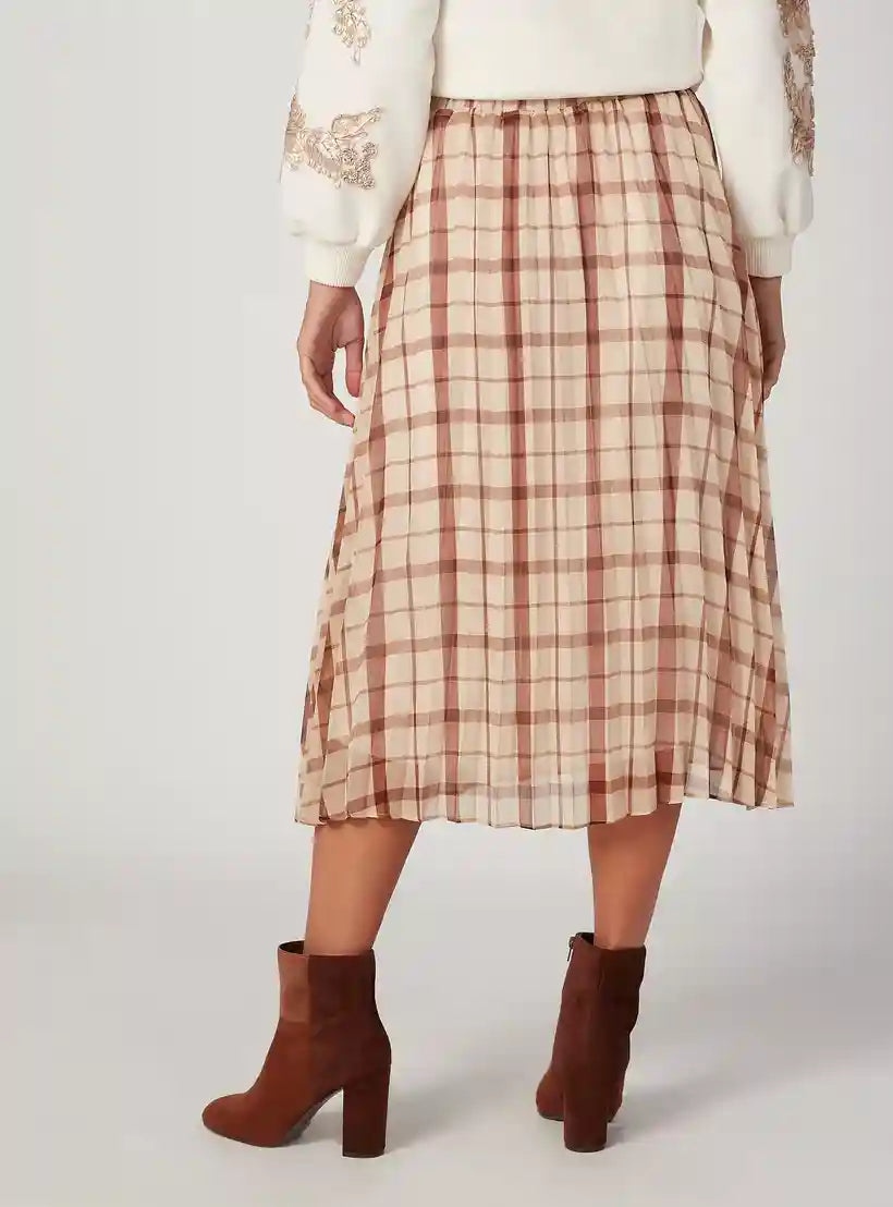 Splash Elastic-Waistband Midi Plaid A-Line Skirt for Women