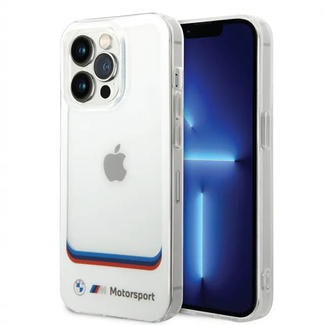 غطاء iPhone 14 Pro Max من مجموعة CG MOBILE BMW Motorsport | حافظة PC/TPU مقاومة للصدمات، مضادة للانزلاق، نحيفة التصميم مع منطقة شفافة مربعة كبيرة وشعار مطبوع – أبيض