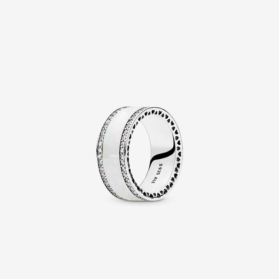 Silver ring with clear cubic zirconia and silver enamel