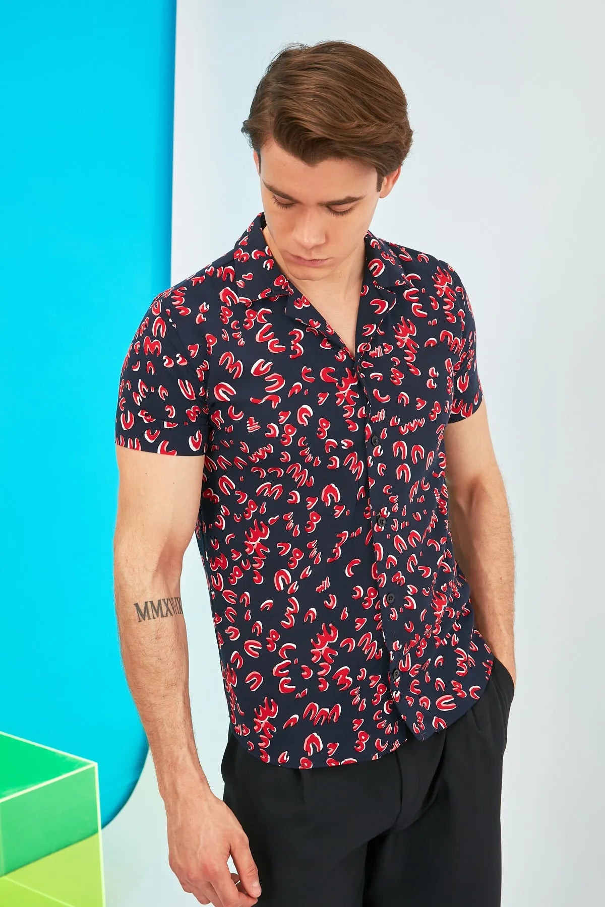 Trendyolmilla Men’s Regular Fit Short Sleeve Shirt with Cuban Collar
