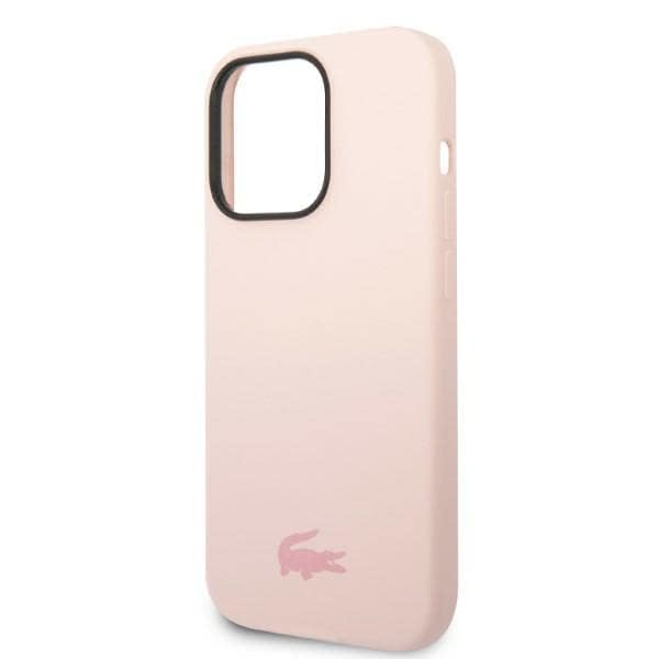 حافظة Lacoste CG للهاتف المحمول لهاتف iPhone 14 Pro Max - حافظة بشعار مطبوع لامع من السيليكون السائل والألياف الدقيقة HC - مضادة للخدش - غطاء خلفي حماية نحيف كامل مقاوم للصدمات لهاتف iPhone 14 Pro Max 6.7 بوصة - وردي