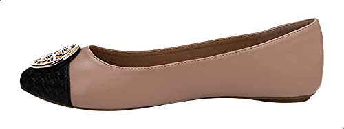 Dejavu Two-Tone Faux-Leather Metal Detail Flat Ballerina Shoes for Women - Nude and Black