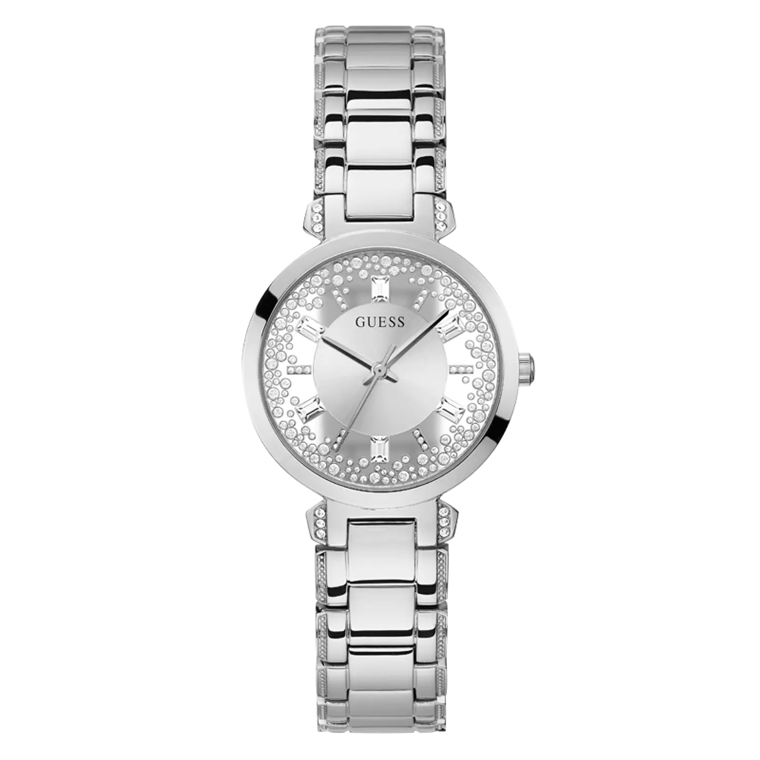 Guess Ladies’ Silver Tone Watch with Polished Case and Stainless Steel Band