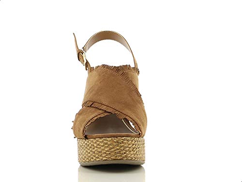 Sprox Criss Cross Strap Raffia Sole Wedge Sandals for Women - Camel