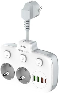 Ldnio SE2435 EU Outlets Power Strip Tower with 2 Outlet Wall Electric Plug PD 20W and USB, 2500W Power - White