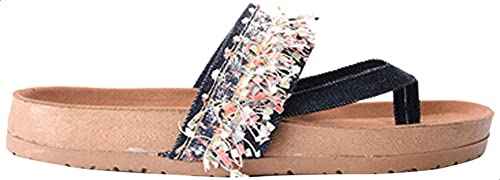 Deeda Women's Faux-Leather Thong Slippers with Tassel Detail - Navy and Pink - Safqqa Egypt