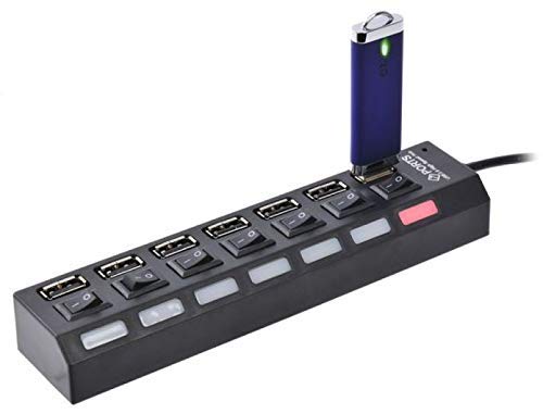 موزع USB بـ 7 منافذ 2.0 مع مفاتيح تشغيل وإضاءة LED – أسود متوافق مع الكمبيوتر واللابتوب.