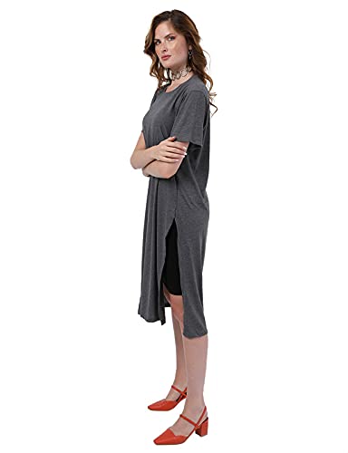 Jamila Cotton Round-Neck Short-Sleeve Side-Slits Longline Top For Women,Soft, breathable cotton for comfort throughout the day.