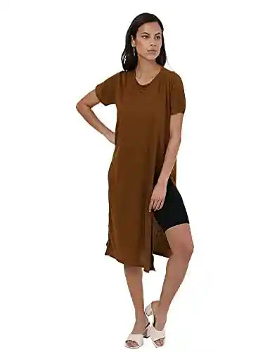 Jamila Cotton Round-Neck Short-Sleeve Side-Slits Longline Top For Women L - Safqqa Egypt