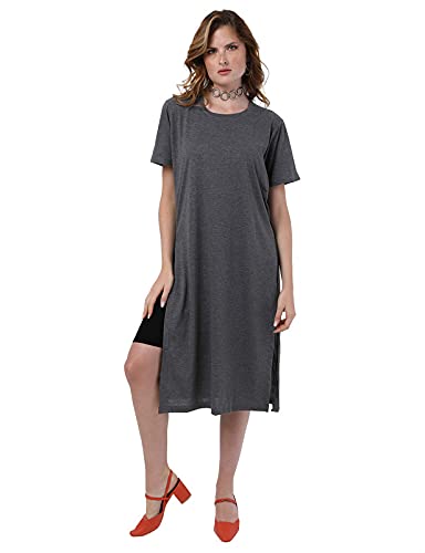 Jamila Cotton Round-Neck Short-Sleeve Side-Slits Longline Top For Women,Soft, breathable cotton for comfort throughout the day.