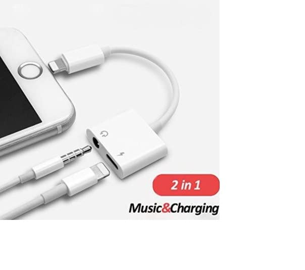 Keendex KX 2473 Lightning 2 in 1 3.5mm Earphone Audio & Charger Splitter Compatible for iPhone/iPad/iPod - White