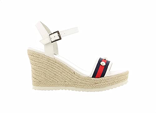 Sprox Striped Pearl Embellished Strap Side Buckle Wedges for Women