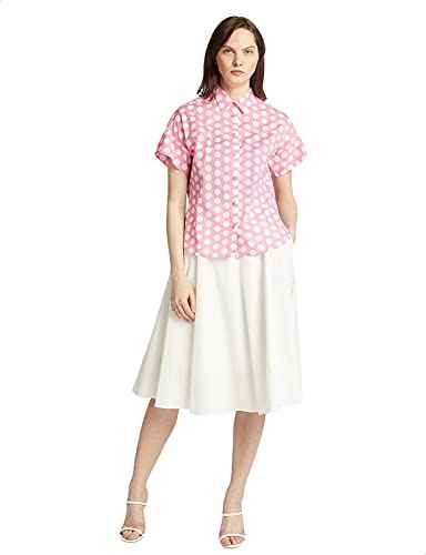 Polka Dot Cotton Short-Sleeve Rounded-Hem Button-Down Shirt For Women - Safqqa Egypt