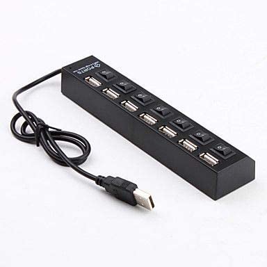 موزع USB بـ 7 منافذ 2.0 مع مفاتيح تشغيل وإضاءة LED – أسود متوافق مع الكمبيوتر واللابتوب.