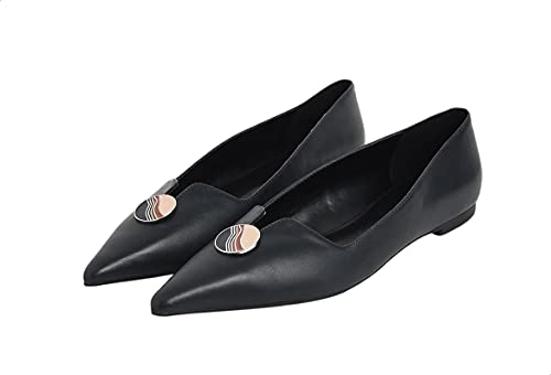 CHARLES & KEITH Women’s Pointed Toe Faux Leather Ballerinas with Front Button Detail