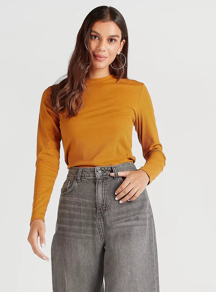 Textured Crew Neck T-shirt with Long Sleeves