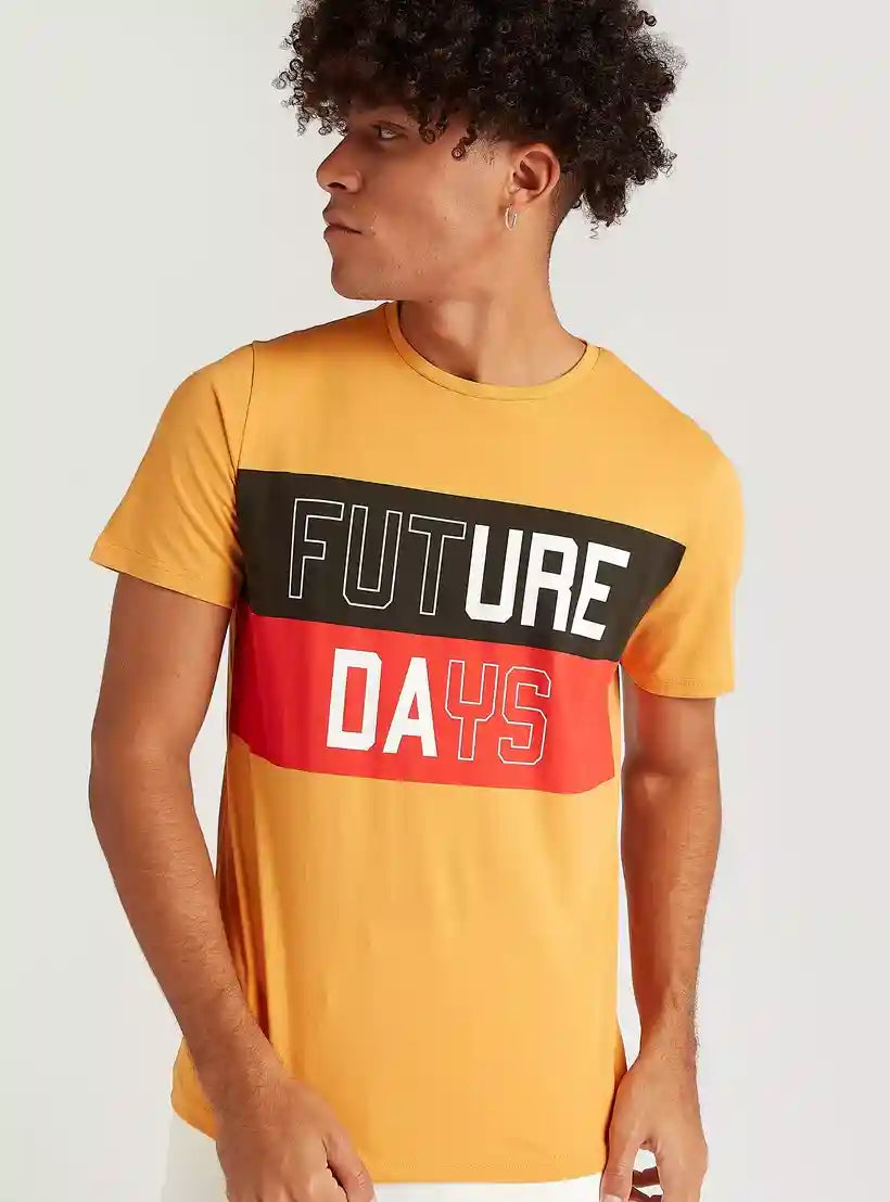 Typographic Print T-shirt with Short Sleeves and Crew Neck - Safqqa Egypt