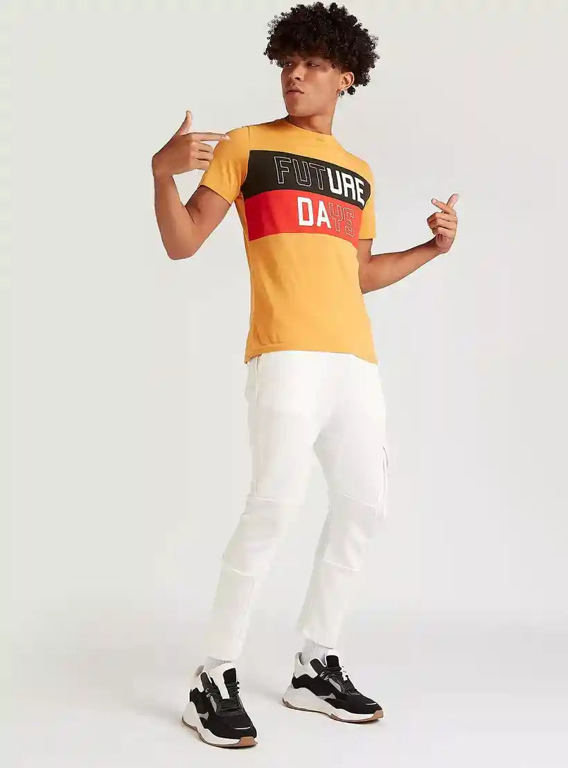 Typographic Print T-shirt with Short Sleeves and Crew Neck - Safqqa Egypt