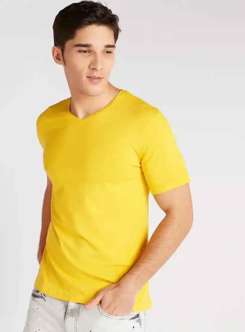 Solid V-neck T-shirt with Short Sleeves - Safqqa Egypt