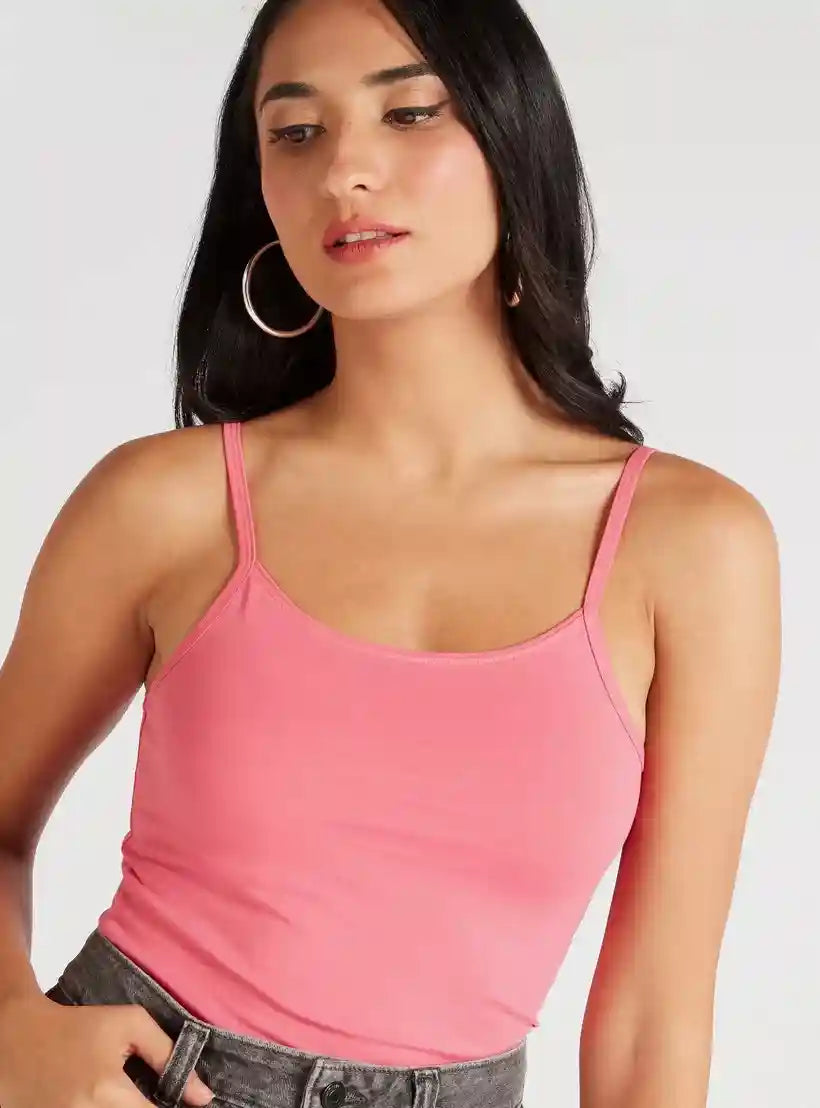 Solid Spaghetti Camisole with Scoop Neck - Safqqa Egypt