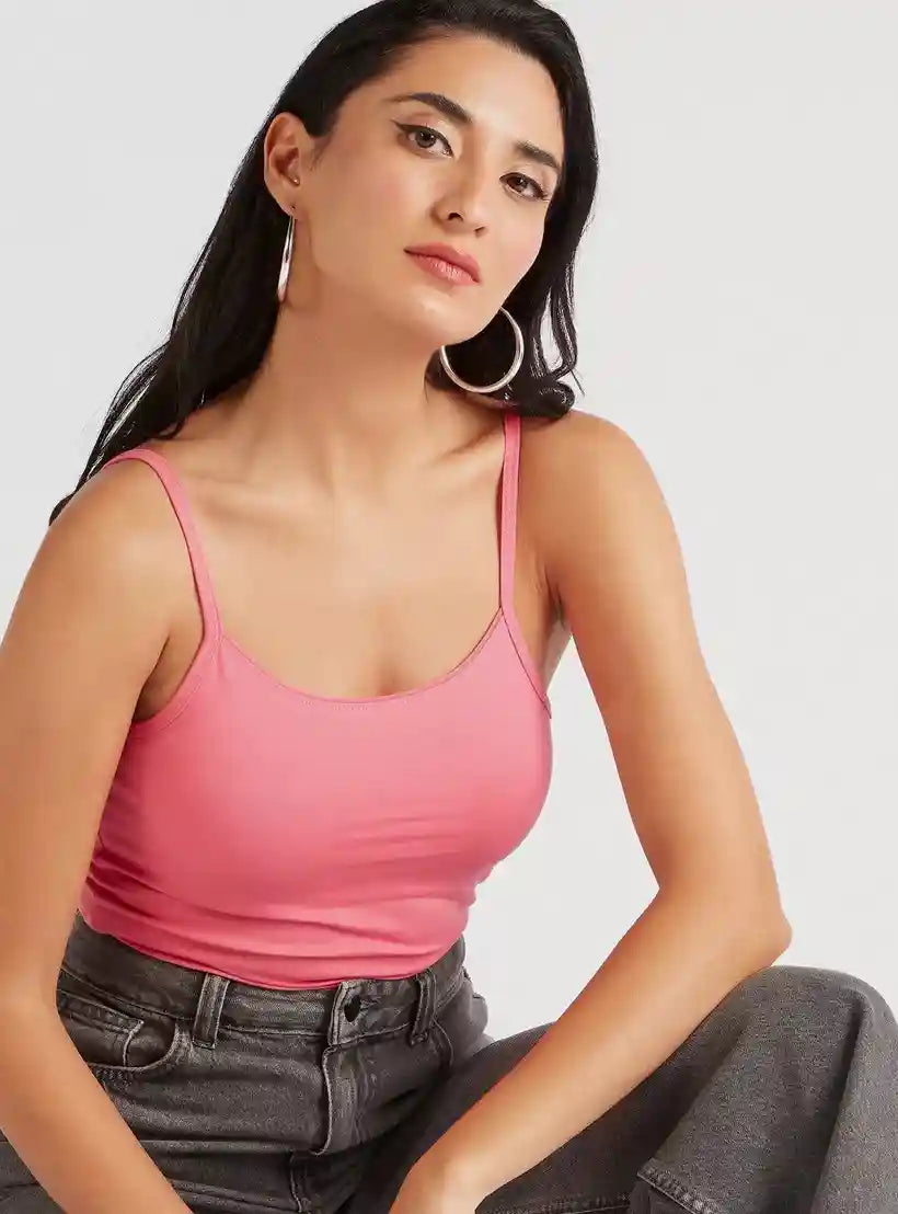 Solid Spaghetti Camisole with Scoop Neck - Safqqa Egypt