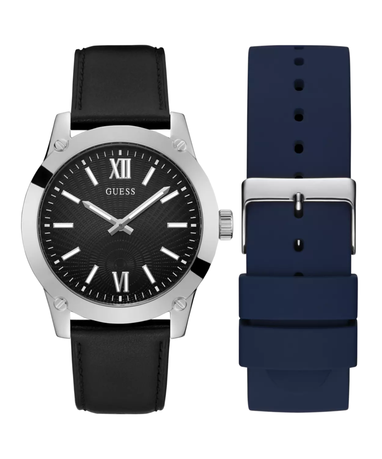 GUESS Men’s Silver Tone Watch – Genuine Leather & Silicone Straps