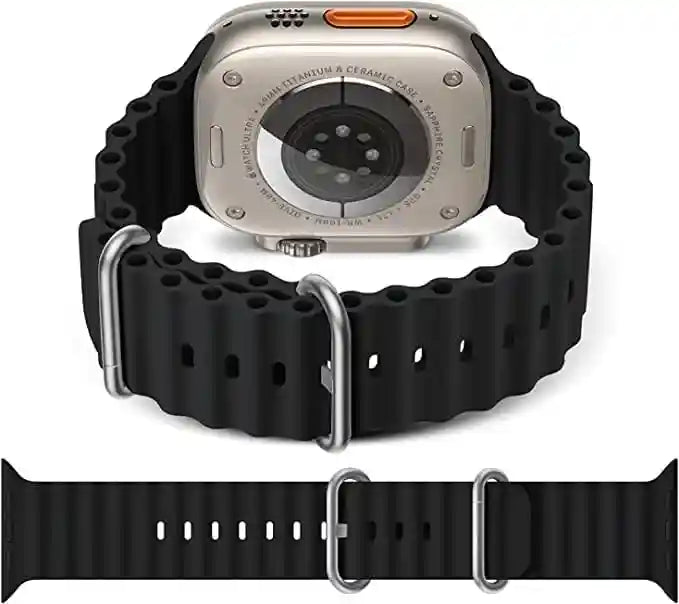 Mobilic black bll ppMobilic Silicone Wavy Strap Compatible With Apple Watch Series 8 | 8 Ultra | 7 | 6 | 5 | 4 | 3 | Se, 49/45/44/42 mm - Safqqa Egypt