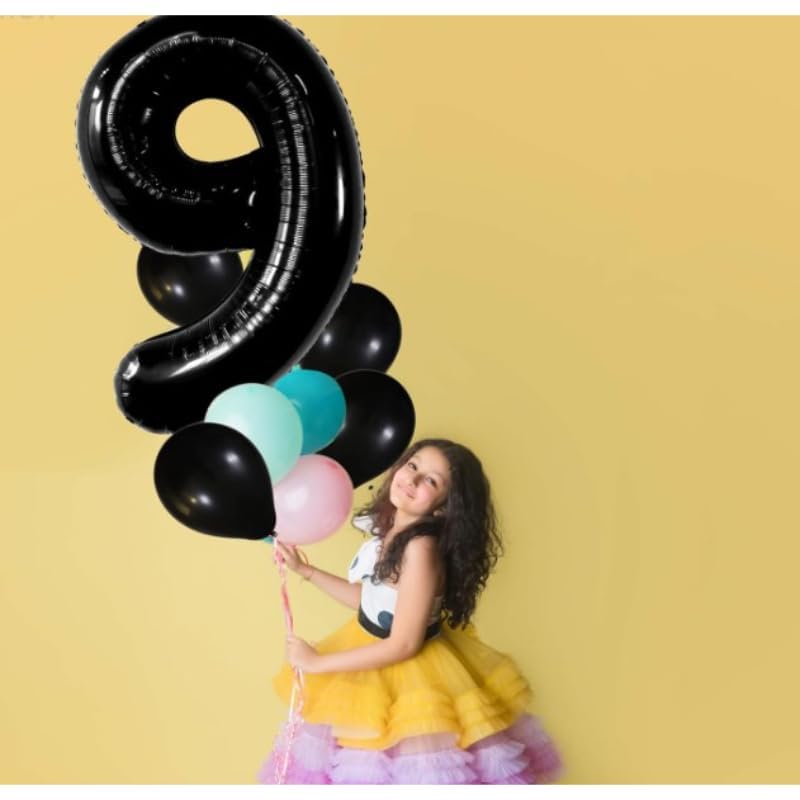 بالون فويل كبير على شكل رقم تسعة يمكن ملؤه بالهواء أو الهيليوم من مواد عالية الجودة مصنوعة خصيصًا لتزيين حفلات أعياد الميلاد 87 × 56 سم - أسود