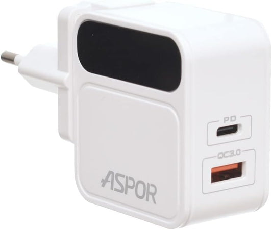 ASPOR A835 شاحن سريع PDPlus QC مع قابس الاتحاد الأوروبي، مع كابل TYPE-C إلى TYPE-C PD - أبيض