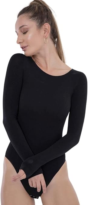 Carina Women's Round Neck Long Sleeve Bodysuit with Snap Closure