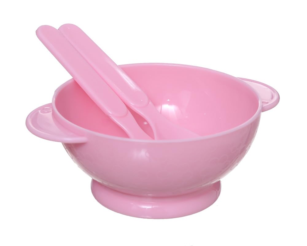 طقم طعام للأطفال من البلاستيك 3 قطع (طبق + ملعقة + شوكة) باللون الوردي – موديل DR-A-629