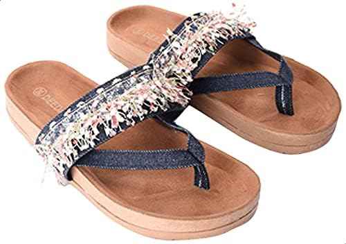 Deeda Women's Faux-Leather Thong Slippers with Tassel Detail - Navy and Pink - Safqqa Egypt