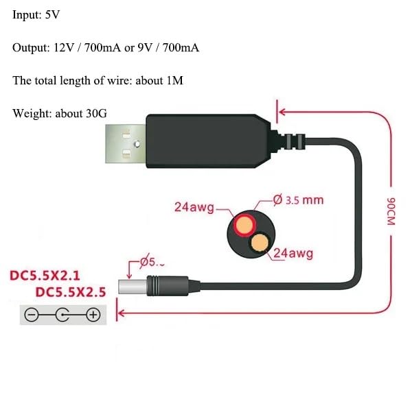 GE USB DC 5V to 12V Step Up Power Cable Power Supply USB Cable with DC Jack 5.5 x 2.1mm for Fan Led Light Router Speakers(1M)