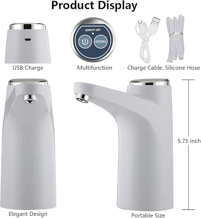 مضخة مياه كهربائية عامة مصممة لتسهيل سحب مياه الشرب من الجراكن الكبيرة. مناسبة لعبوات المياه بسعة من اثنين إلى خمسة جالونات، وتعمل بشكل أوتوماتيكي لتوفير استخدام مريح وسهل