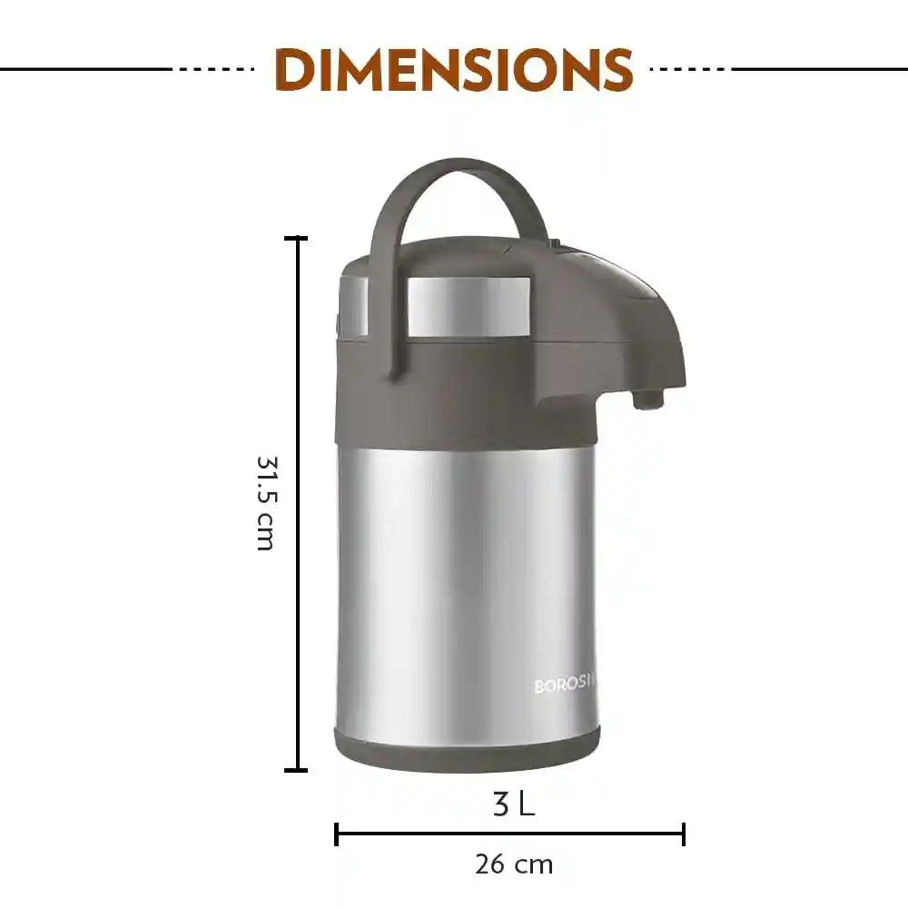 BOROSIL AIRPOT FLASK WITH PUMP |VACUUM INSULATED DOUBLE WALL STAINLESS STEEL TEA POT | COFFEE POT | THERMOS | FLASK | CARAFE 3 LITER - Safqqa Egypt