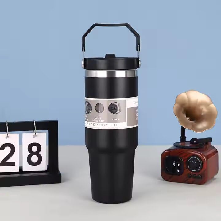 فافريا 890ML كوب مع مصاصة غطاء قابل للطي مقاوم للتسرب/مقبض يد كوب سيارة مفرغ من الهواء من الفولاذ المقاوم للصدأ جدار مزدوج معزول زجاجة ماء للسفر/أكواب قهوة للسفر كوب مع غطاء (أسود)