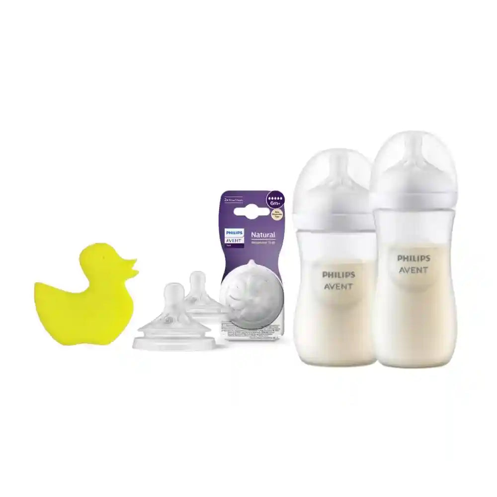 Kumcom & Avent Breastfeeding Kit 260ml + 330ml + Flow 5 Teat (6 months and up) + Soft Yellow Bath Sponge - Gift