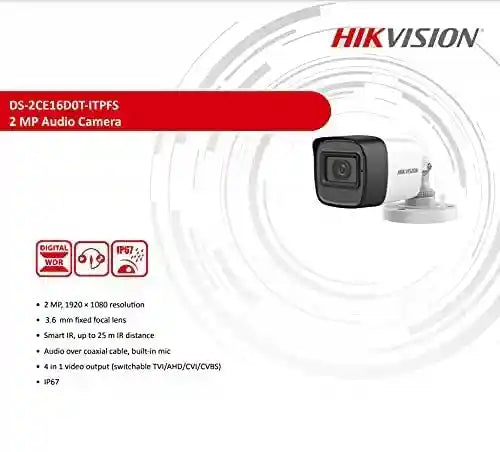 كاميرا هيكفيجن  بدقة 2 ميجابكسل مع ميكروفون مدمج DS-2CE16D0T-، لون أبيض