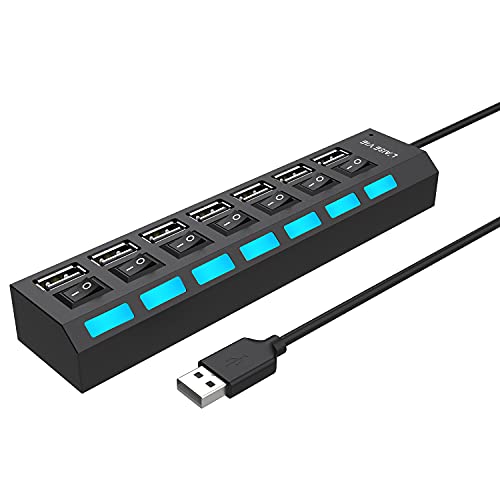 Multi Port USB Splitter, 7 Port USB 2.0 Hub, USB A Port Data Hub with Independent On/Off Switch and LED Indicators, Lights for Laptop, PC, Computer, Mobile HDD, Flash Drive and More (Black 2.0) - Safqqa Egypt