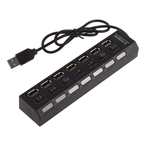 موزع USB بـ 7 منافذ 2.0 مع مفاتيح تشغيل وإضاءة LED – أسود متوافق مع الكمبيوتر واللابتوب.