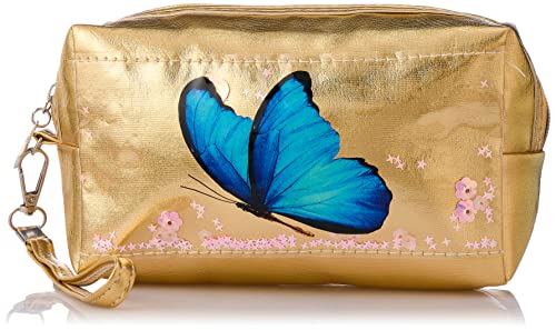 Leather Zipper Handbag with Butterfly Design and Hand Strap for Kids - Gold