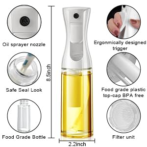 زجاجة بخاخ زيت JQYJLX – سعة 220 مل من زجاج آمن للطعام هي أداة عملية وأنيقة للمطبخ لاستخدامها في الطهي وتتبيل الطعام. مصنوعة من زجاج عالي الجودة وآمن للطعام، تتيح لك هذه الزجاجة رش زيت الزيتون أو الزيوت