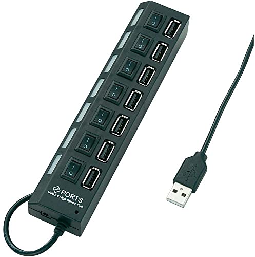 موزع USB بـ 7 منافذ 2.0 مع مفاتيح تشغيل وإضاءة LED – أسود متوافق مع الكمبيوتر واللابتوب.