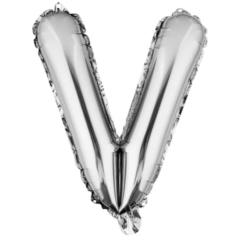 بالون لامع كبير من ورق الألومنيوم على شكل حرف V يمكن ملؤه بالهواء أو الهيليوم من مواد عالية الجودة مصنوعة خصيصًا لتزيين حفلات أعياد الميلاد 40.64 سم - فضي