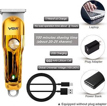 VGR Professional Hair Trimmer, Cordless T-Blade with Multiple Length Controls, USB Fast Charging, Gold