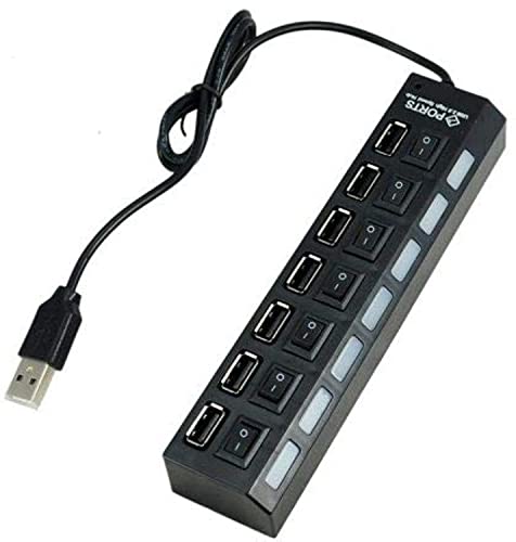 موزع USB بـ 7 منافذ 2.0 مع مفاتيح تشغيل وإضاءة LED – أسود متوافق مع الكمبيوتر واللابتوب.