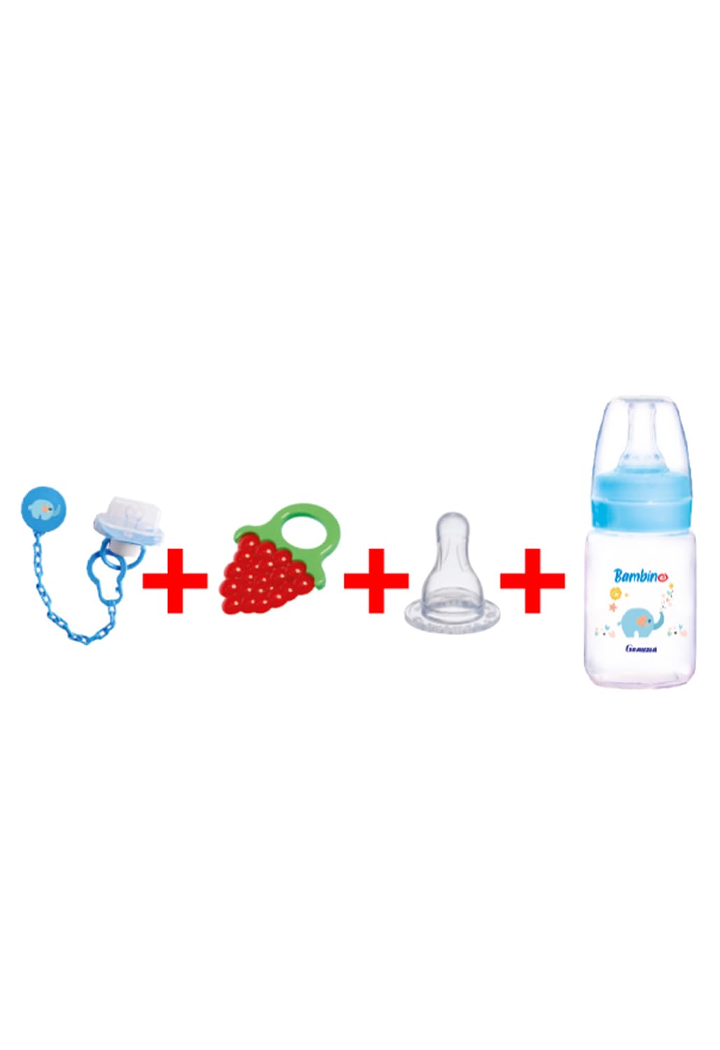 Granzia Bambino New Born Gift Package Blue Color (Classic Feeding Bootle 150 ML, Spare Nipple, Grape Shaped Teether & Pacifier With Chain) (4 Pieces)