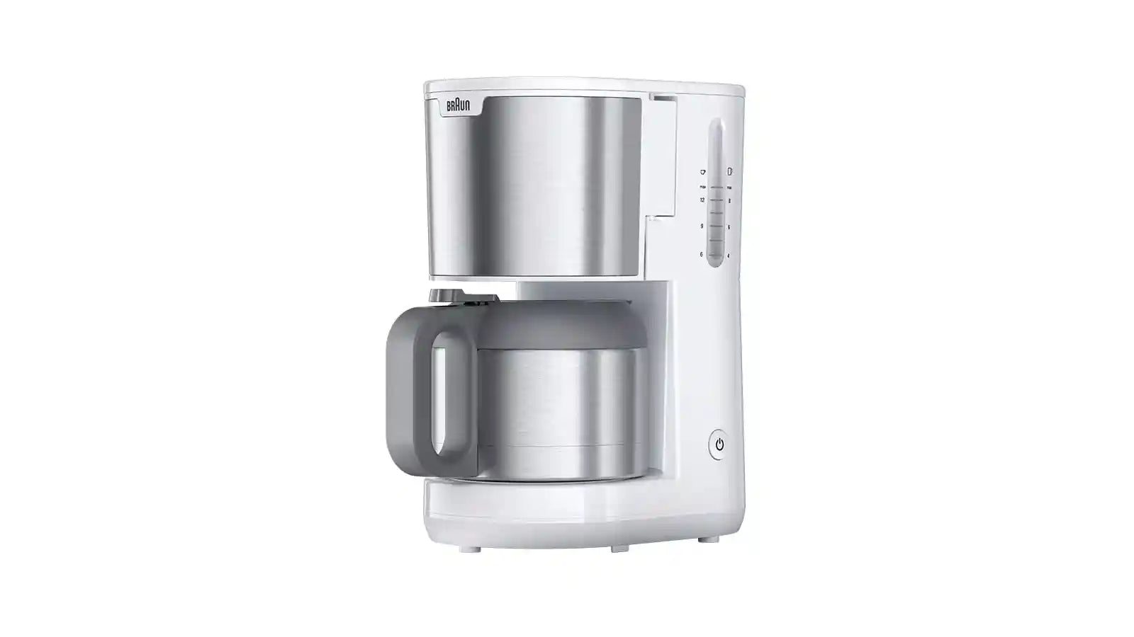 Braun PurShine KF1505 WH, Coffee Machine with Filter, 1.2L, Stainless Steel, up to 10 Cups, OptiBrew System, Anti-drip Function, Swivel Filter, Automatic Shutdown, 1000W, Silver